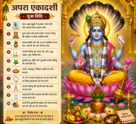 अपरा एकादशी पूजा विधि और भगवान विष्णु की प्रतिमा।