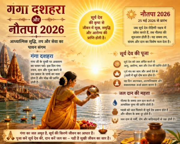 गंगा दशहरा और नौतपा 2026 के अवसर पर सूर्य देव की पूजा और जल दान की महत्ता को दर्शाता चित्र