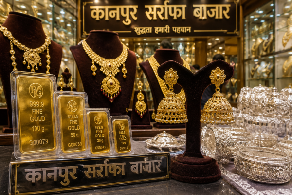 कानपुर सर्राफा बाजार में प्रदर्शित सोने के बिस्कुट, चमचमाते झुमके और चांदी के आभूषण।