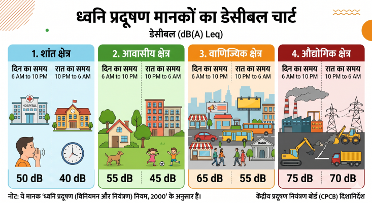ध्वनि प्रदूषण मानकों का डेसीबल चार्ट।
