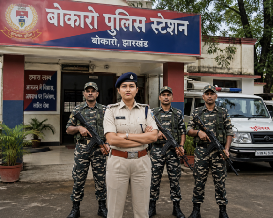 बोकारो पुलिस स्टेशन के बाहर खड़ी महिला एएसआई और सुरक्षा बल का प्रतीकात्मक चित्र।