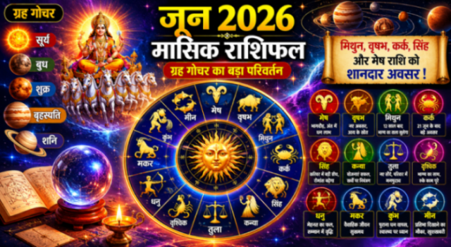 जून 2026 के ग्रह गोचर और सभी 12 राशियों के भविष्यफल को दर्शाता एक ज्योतिषीय चक्र।