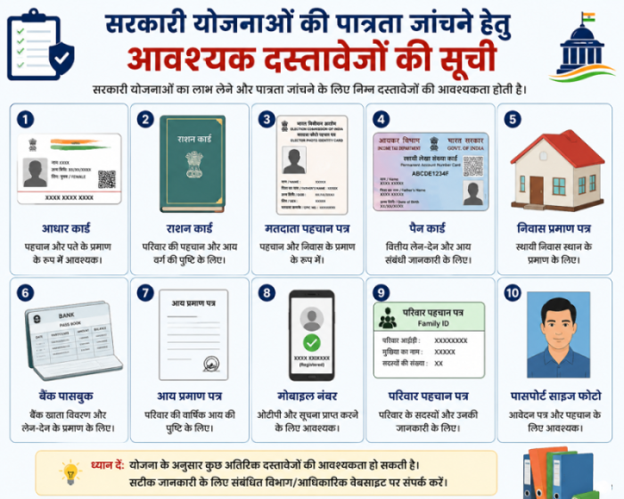 सरकारी योजनाओं की पात्रता जांचने हेतु आवश्यक दस्तावेजों की सूची।