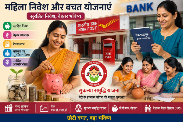 महिला निवेश और बचत योजनाओं का प्रतीकात्मक चित्र जिसमें पोस्ट ऑफिस, बैंक पासबुक, सुकन्या समृद्धि योजना और बचत करती महिलाएं दिखाई दे रही हैं।