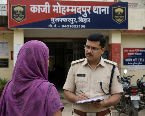 मुजफ्फरपुर के काजी मोहम्मदपुर थाने के बाहर खड़ी पीड़िता और पुलिस अधिकारी की प्रतीकात्मक तस्वीर।