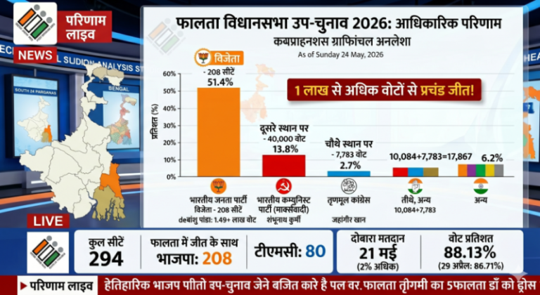 फालता विधानसभा उप-चुनाव 2026 के आधिकारिक परिणाम का ग्राफिकल विश्लेषण।