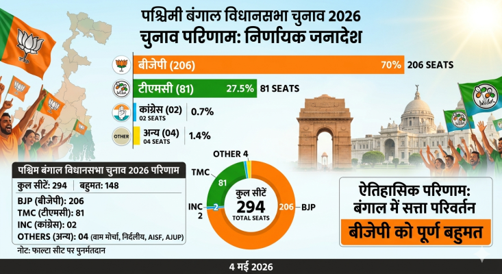 पश्चिम बंगाल विधानसभा चुनाव 2026 के परिणाम का ग्राफ।