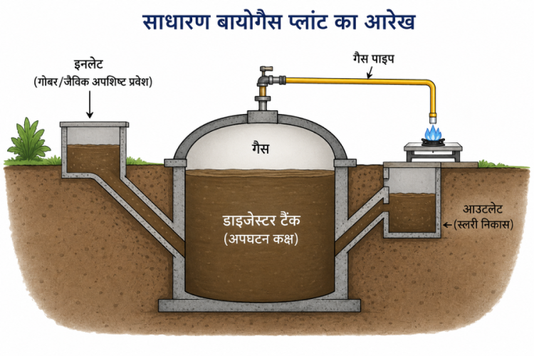 एक साधारण बायोगैस प्लांट का आरेख जिसमें इनलेट, डाइजेस्टर टैंक और गैस पाइप दिखाया गया है।