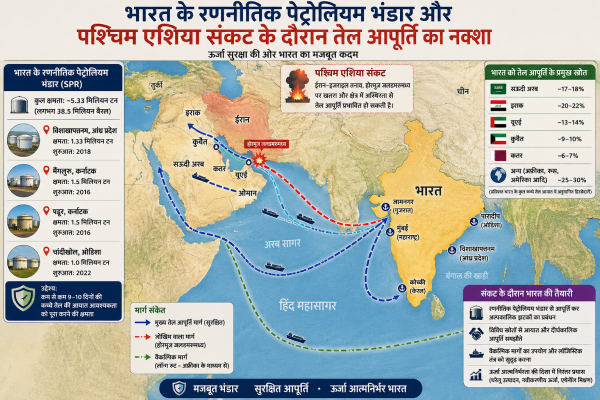 भारत के रणनीतिक पेट्रोलियम भंडार और पश्चिम एशिया संकट के दौरान तेल आपूर्ति का नक्शा।