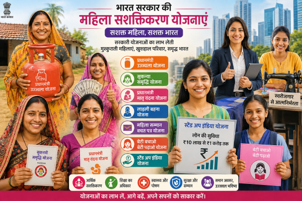 भारत सरकार की महिला सशक्तिकरण योजनाओं का लाभ लेती मुस्कुराती ग्रामीण और शहरी महिलाएं।