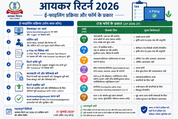 आयकर रिटर्न 2026 ई-फाइलिंग प्रक्रिया और फॉर्म के प्रकार