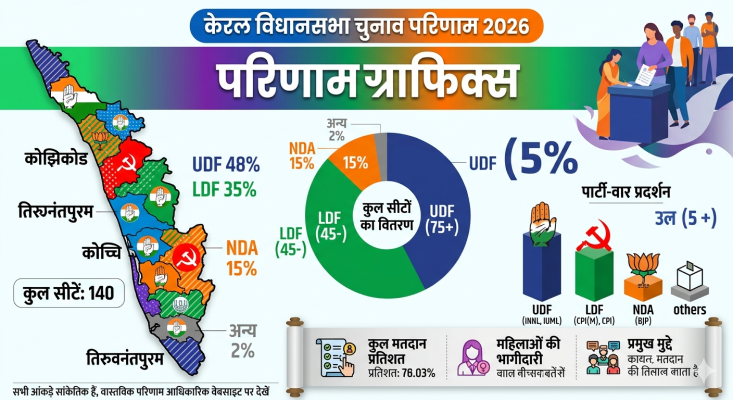 केरल विधानसभा चुनाव 2026 का परिणाम ग्राफिक्स