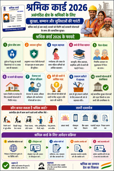 श्रमिक कार्ड 2026 के फायदे और आवेदन प्रक्रिया की जानकारी वाला इन्फोग्राफिक।
