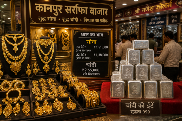 कानपुर सर्राफा बाजार में सोने के आभूषणों और चांदी की ईंटों का प्रदर्शन।