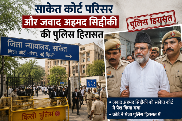 साकेत कोर्ट परिसर और जवाद अहमद सिद्दीकी की पुलिस हिरासत की खबर का चित्रण।