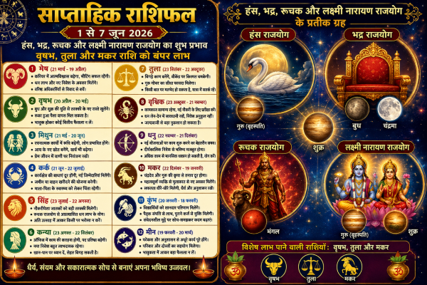 साप्ताहिक राशिफल 1 से 7 जून 2026 और हंस भद्र रूचक राजयोग के प्रतीक ग्रह.