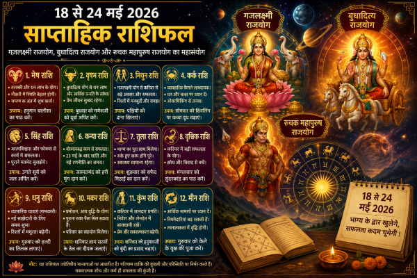 18 से 24 मई 2026 के साप्ताहिक राशिफल और तीन बड़े राजयोगों का ज्योतिषीय प्रभाव दर्शाती एक प्रतीकात्मक तस्वीर।