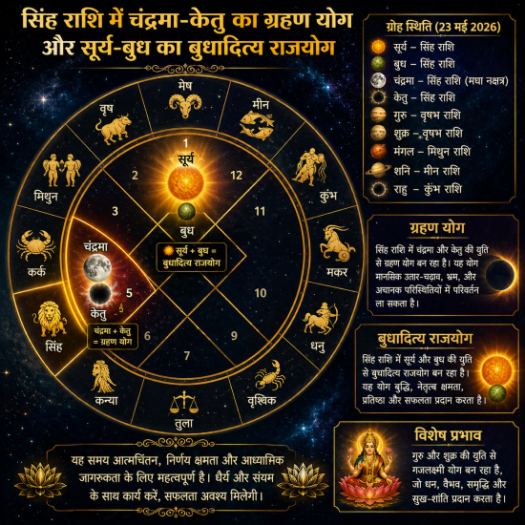 सिंह राशि में चंद्रमा-केतु का ग्रहण योग और सूर्य-बुध का बुधादित्य राजयोग दर्शाती ग्रहीय कुंडली।