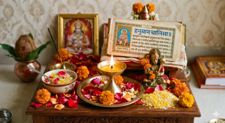 हनुमान चालीसा और सिद्धि योग पूजा के दौरान वेदी पर जलता हुआ घी का दीपक और अक्षत-पुष्प।