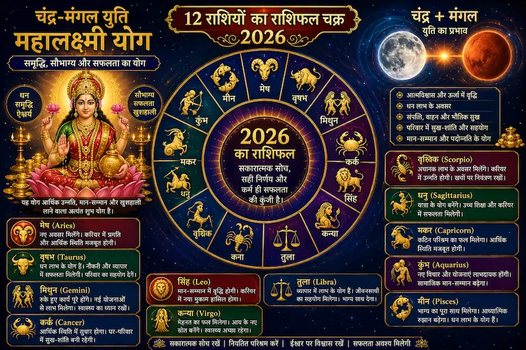चंद्र-मंगल युति महालक्ष्मी योग और 12 राशियों का राशिफल चक्र 2026