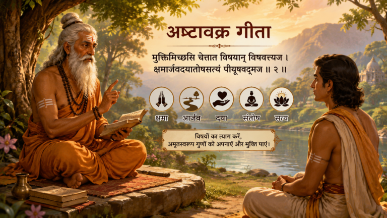 अष्टावक्र गीता का श्लोक पढ़ते हुए महर्षि अष्टावक्र की आध्यात्मिक शिक्षा, जिसमें मुक्ति, सत्य, दया और संतोष का संदेश दिया गया है।