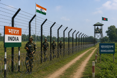 भारत-बांग्लादेश अंतरराष्ट्रीय सीमा पर लगी कंटीली बाड़ और सुरक्षा बल द्वारा की जा रही पेट्रोलिंग का दृश्य, जो दोनों देशों के बीच सीमा प्रबंधन को दर्शाता है।