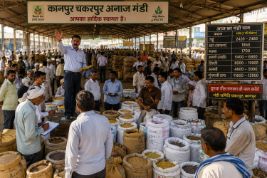 कानपुर की चकरपुर मंडी में व्यापारिक सीजन के दौरान अनाज और तिलहन की बोरियों की नीलामी और व्यापारियों की हलचल का दृश्य।