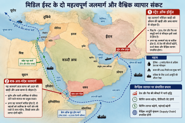 मिडिल ईस्ट का नक्शा जिसमें स्ट्रेट ऑफ हॉर्मुज और बाब-अल-मंदेब जलमार्ग को दर्शाया गया है ताकि वैश्विक व्यापार संकट को समझा जा सके।