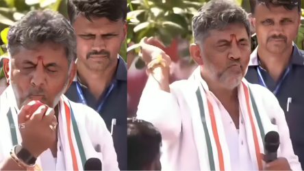 कर्नाटक के मुख्यमंत्री डीके शिवकुमार कनकपुरा में सेब खाकर जनता की ओर फेंकते हुए।