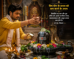 विष योग के प्रभाव को कम करने के लिए शिवलिंग पर जल और दूध अर्पित करते हुए भक्त