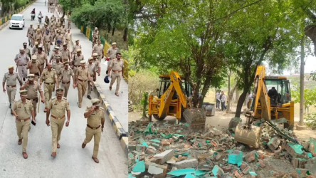 गाजियाबाद के लोनी ट्रॉनिका सिटी में भारी पुलिस बल और सुरक्षाकर्मियों की मौजूदगी में अवैध निर्माण और मजार को हटाता हुआ पीले रंग का बुलडोजर