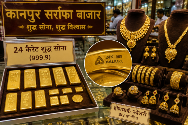 कानपुर सर्राफा बाजार में प्रदर्शित शुद्ध 24 कैरेट सोना और ज्वेलरी जिस पर हॉलमार्क का निशान बना है।