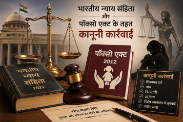 न्याय के प्रतीक तराजू और कानून की किताब, भारतीय न्याय संहिता और पॉक्सो एक्ट के तहत कानूनी कार्रवाई को दर्शाती तस्वीर