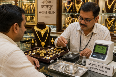 कानपुर सर्राफा बाजार में सोने के नए आभूषणों और चांदी की शुद्धता की जांच करते स्थानीय जौहरी।