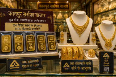 कानपुर सर्राफा बाजार में प्रदर्शित सोने के बिस्कुट और बीआईएस हॉलमार्क वाले सोने के आभूषण।