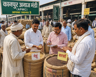 कानपुर अनाज मंडी में गेहूं और सरसों की बोरियों के पास व्यापार करते किसान और व्यापारी, 4 जून 2026 का मंडी भाव दृश्य।