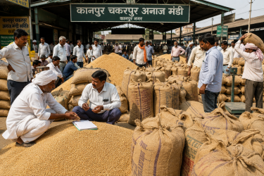 कानपुर की चकरपुर अनाज मंडी में बोरियों में रखे गेहूं और अनाज के ढेर के बीच व्यापार करते किसान और आढ़ती।
