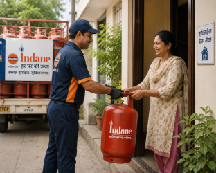 भारत में एलपीजी सिलेंडर की डिलीवरी करते हुए एक कर्मचारी, जो घरेलू ईंधन आपूर्ति को दर्शाता है।