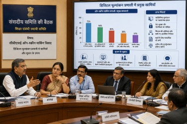 संसदीय समिति की बैठक में सीबीएसई ऑन-स्क्रीन मार्किंग विवाद पर चर्चा करते अधिकारी और डिजिटल मूल्यांकन प्रणाली में खामियों को प्रदर्शित करता ग्राफ।