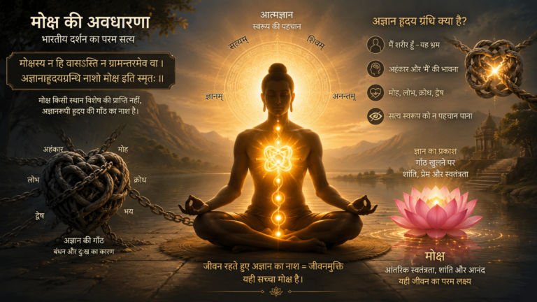 भारतीय दर्शन में मोक्ष की अवधारणा और अज्ञान हृदय ग्रंथि को दर्शाता एक ध्यानमयी योग मुद्रा का प्रतीकात्मक चित्र