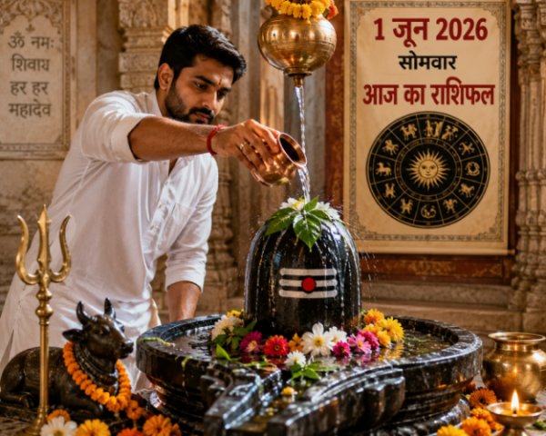 1 जून 2026 सोमवार के राशिफल के लिए शिवलिंग पर जल चढ़ाते हुए भक्त की तस्वीर