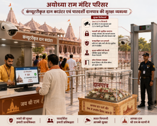 अयोध्या राम मंदिर परिसर में श्रद्धालुओं द्वारा उपयोग किए जाने वाले कंप्यूटरीकृत दान काउंटर और पारदर्शी दानपात्र की सुरक्षा व्यवस्था।