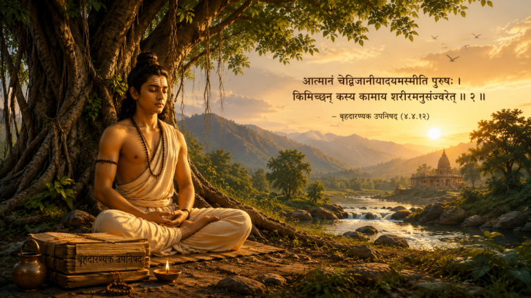 एक प्राचीन भारतीय ऋषिकुमार/साधक एक खुले प्राकृतिक वातावरण में पेड़ के नीचे ध्यान की मुद्रा में बैठे हुए, जो बृहदारण्यक उपनिषद् के अनुसार आत्मज्ञान और आंतरिक शांति की खोज को दर्शाता है।