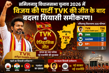 तमिलनाडु विधानसभा चुनाव 2026 में विजय की पार्टी TVK की जीत के बाद बदला सियासी समीकरण।