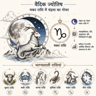 वैदिक ज्योतिष के अनुसार मकर राशि में चंद्रमा के गोचर और भाग्यशाली राशियों के प्रतीकों का रेखाचित्र