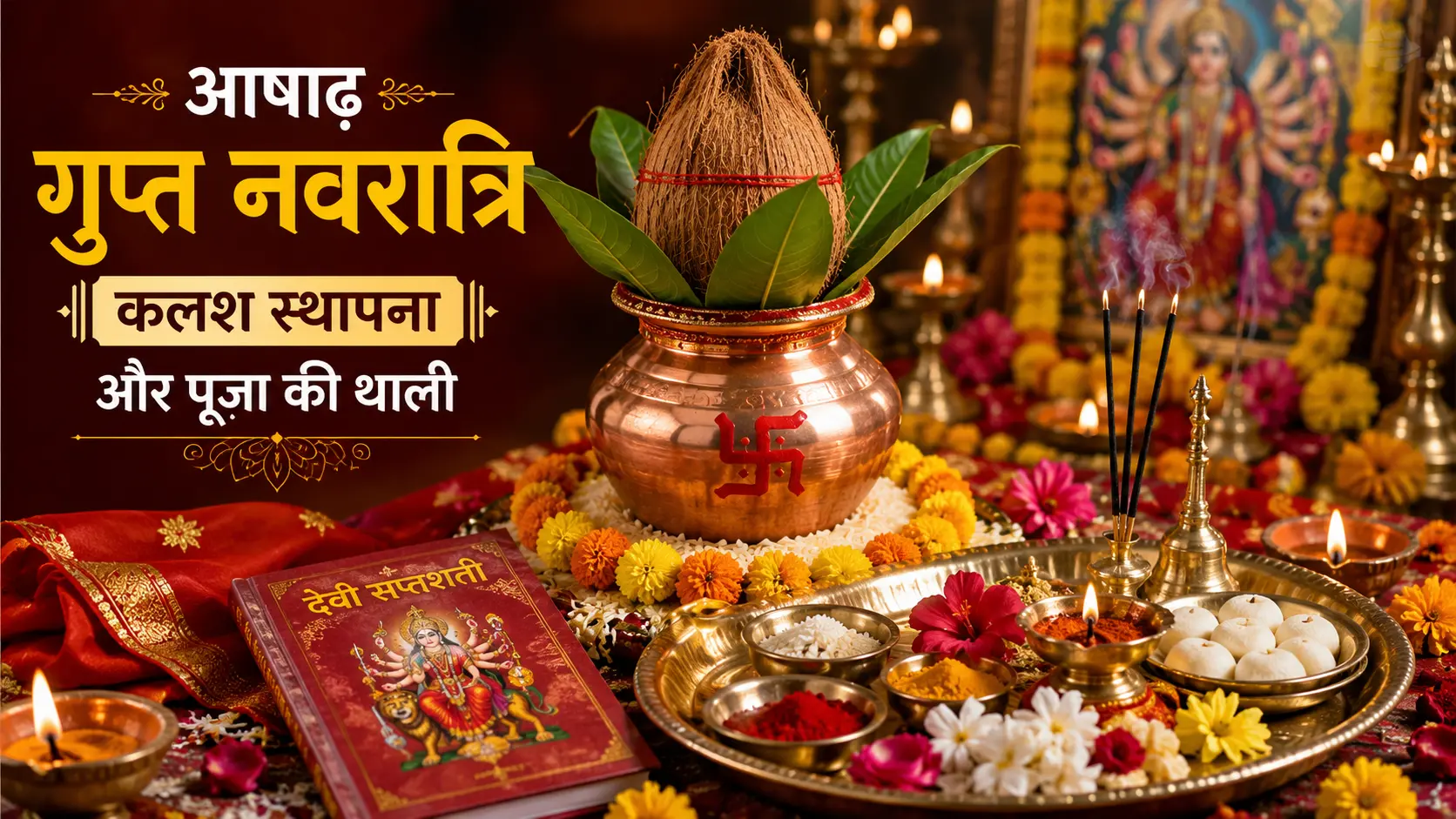 आषाढ़ गुप्त नवरात्रि कलश स्थापना और पूजा की थाली।