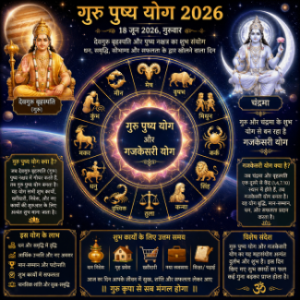गुरु पुष्य योग 2026 और गजकेसरी योग का ज्योतिषीय ग्राफिक, जिसमें देवगुरु बृहस्पति, चंद्रमा और सभी 12 राशियों के प्रतीक चिन्ह दर्शाए गए हैं।