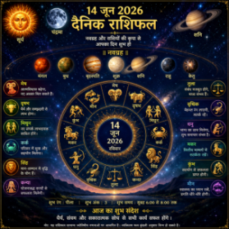 14 जून 2026 का दैनिक राशिफल दर्शाती नवग्रह और राशियों की एक सुंदर खगोलीय तस्वीर.