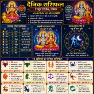 7 जून 2026 का दैनिक राशिफल दर्शाती हुई नवग्रह गोचर और लक्ष्मी नारायण योग की ज्योतिषीय तालिका।