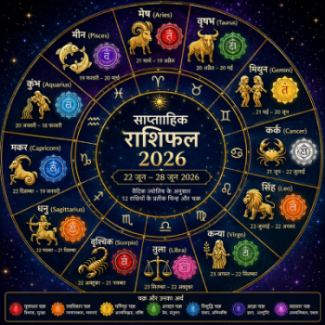 वैदिक ज्योतिष के अनुसार सभी 12 राशियों के प्रतीक चिन्ह और चक्र जो साप्ताहिक राशिफल 2026 को दर्शाते हैं.